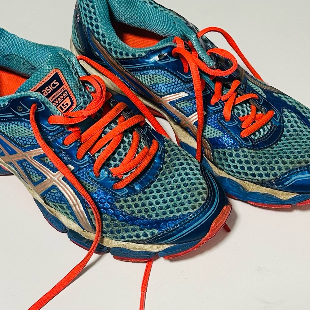 ASICS Teal and Neon Orange Athletic Sneakers